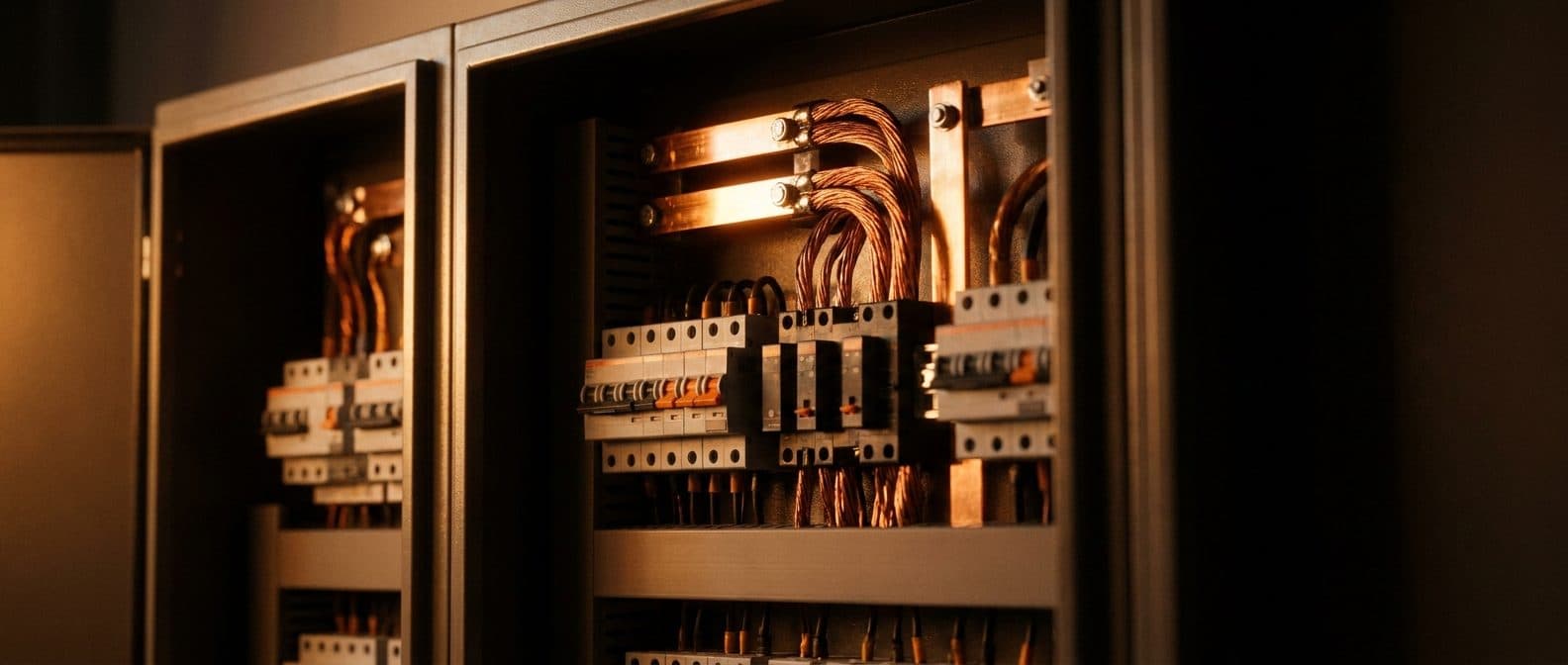 Geöffneter Schaltschrank mit sauber verlegter Kupferverkabelung im warmen Licht