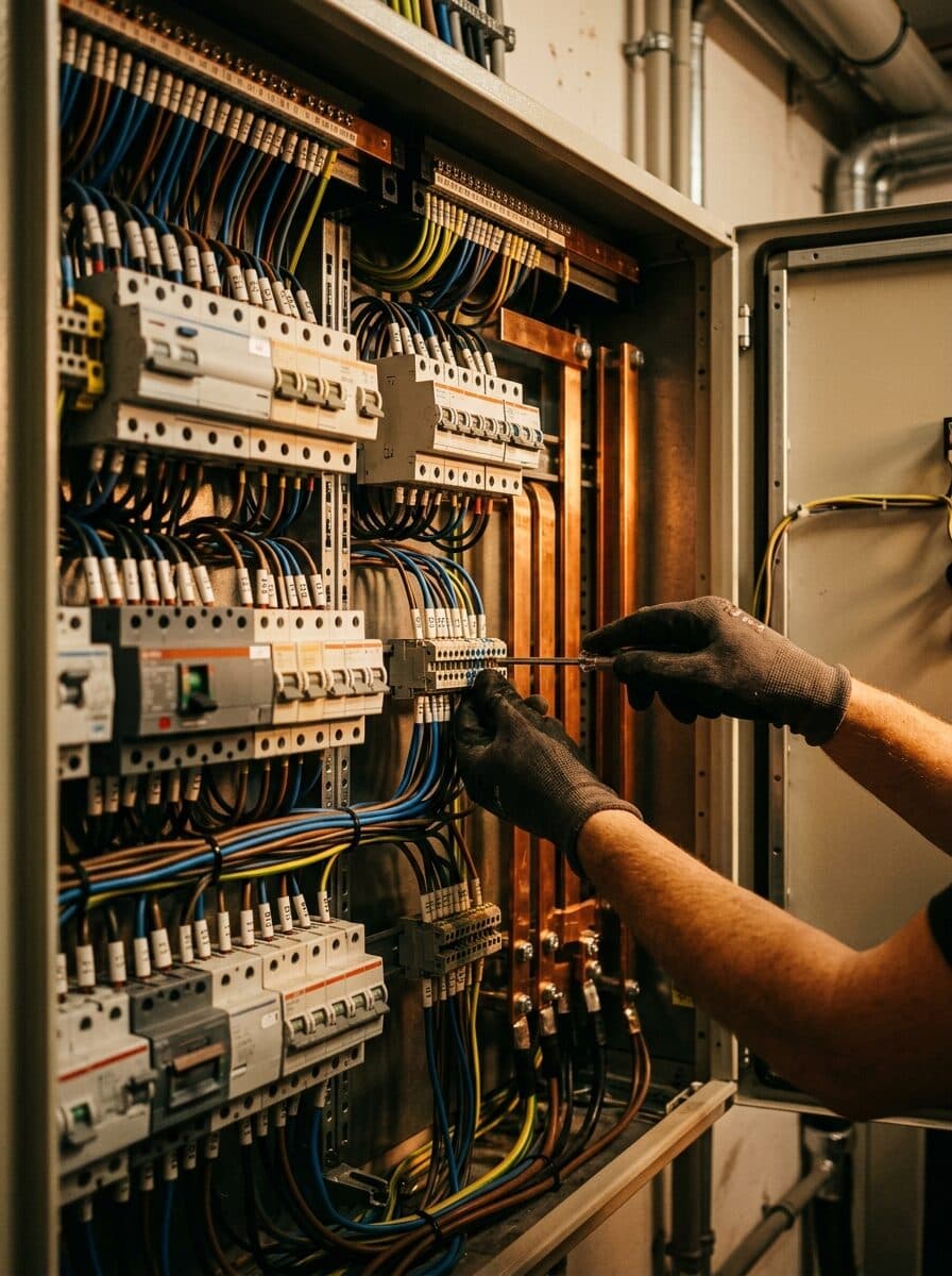 Geöffneter Schaltschrank mit sauber verlegter Verkabelung und Kupfer-Sammelschienen, Hände bei der Arbeit