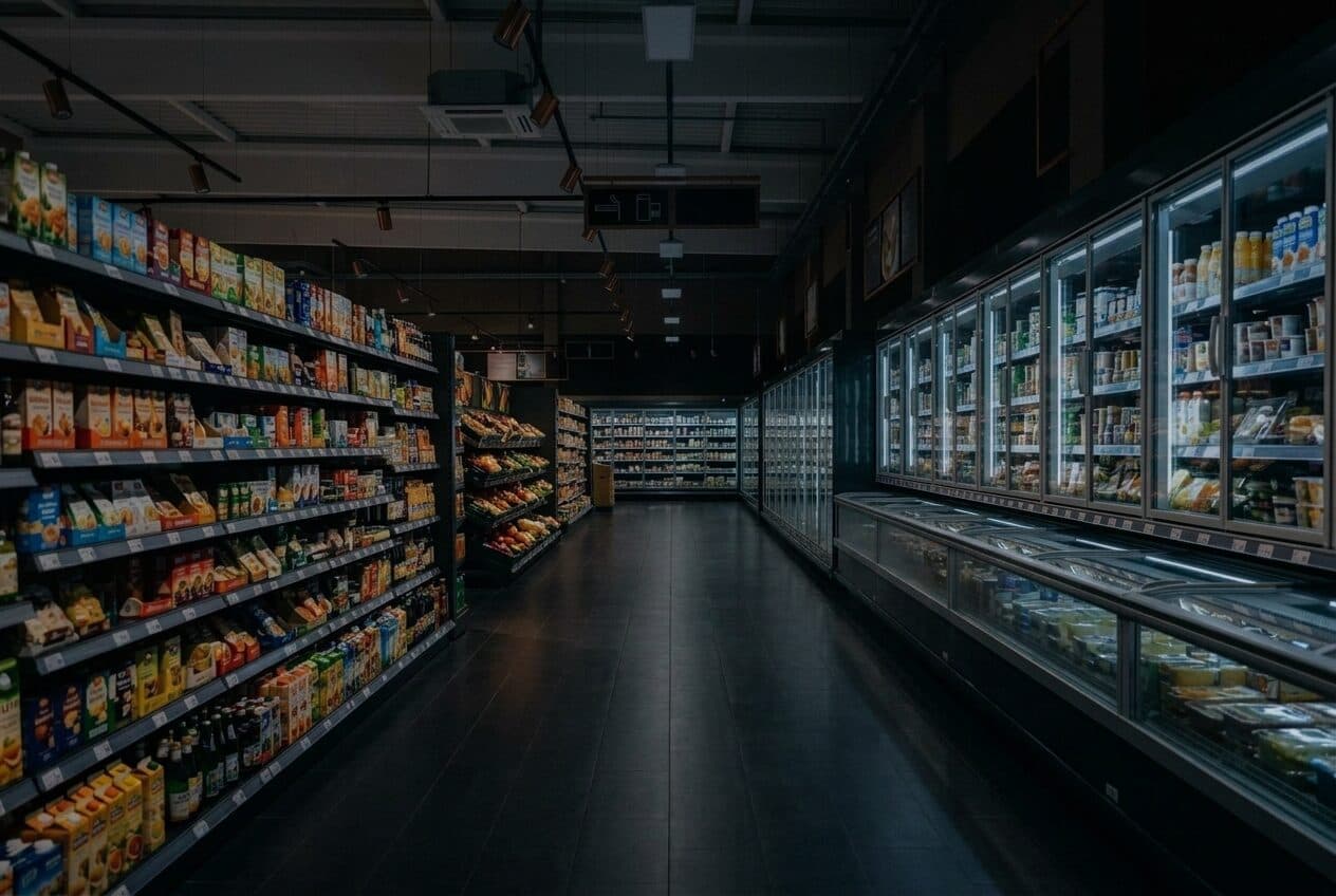 Markt bei Stromausfall — dunkel, Kühlung und Licht aus